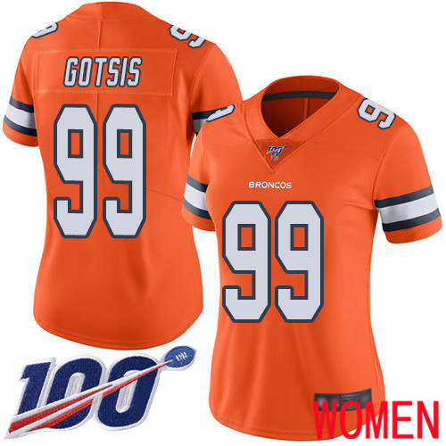 Women Denver Broncos #99 Adam Gotsis Limited Orange Rush Vapor Untouchable 100th Season Football NFL Jersey